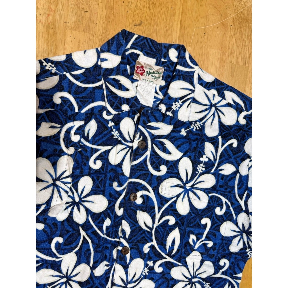 Hilo Hattie Hawaiian Shirt Mens Medium Blue Hibiscus Cotton Made in Hawaii USA